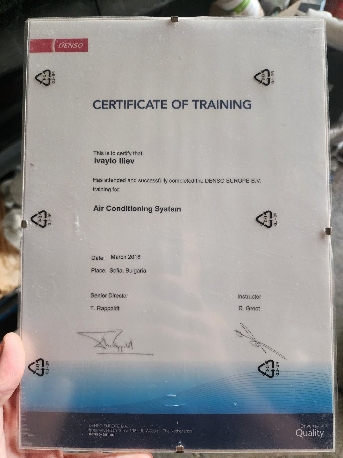 DENSO Europe B.V. Certificate of Training — Air Conditioning System